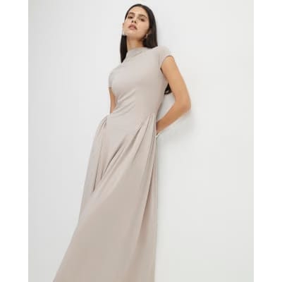 Beige Short Sleeve Fitted Waist Maxi Dress