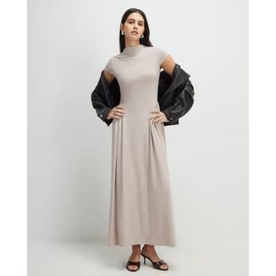 Beige Short Sleeve Fitted Waist Maxi Dress