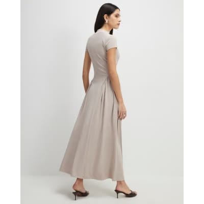 Beige Short Sleeve Fitted Waist Maxi Dress