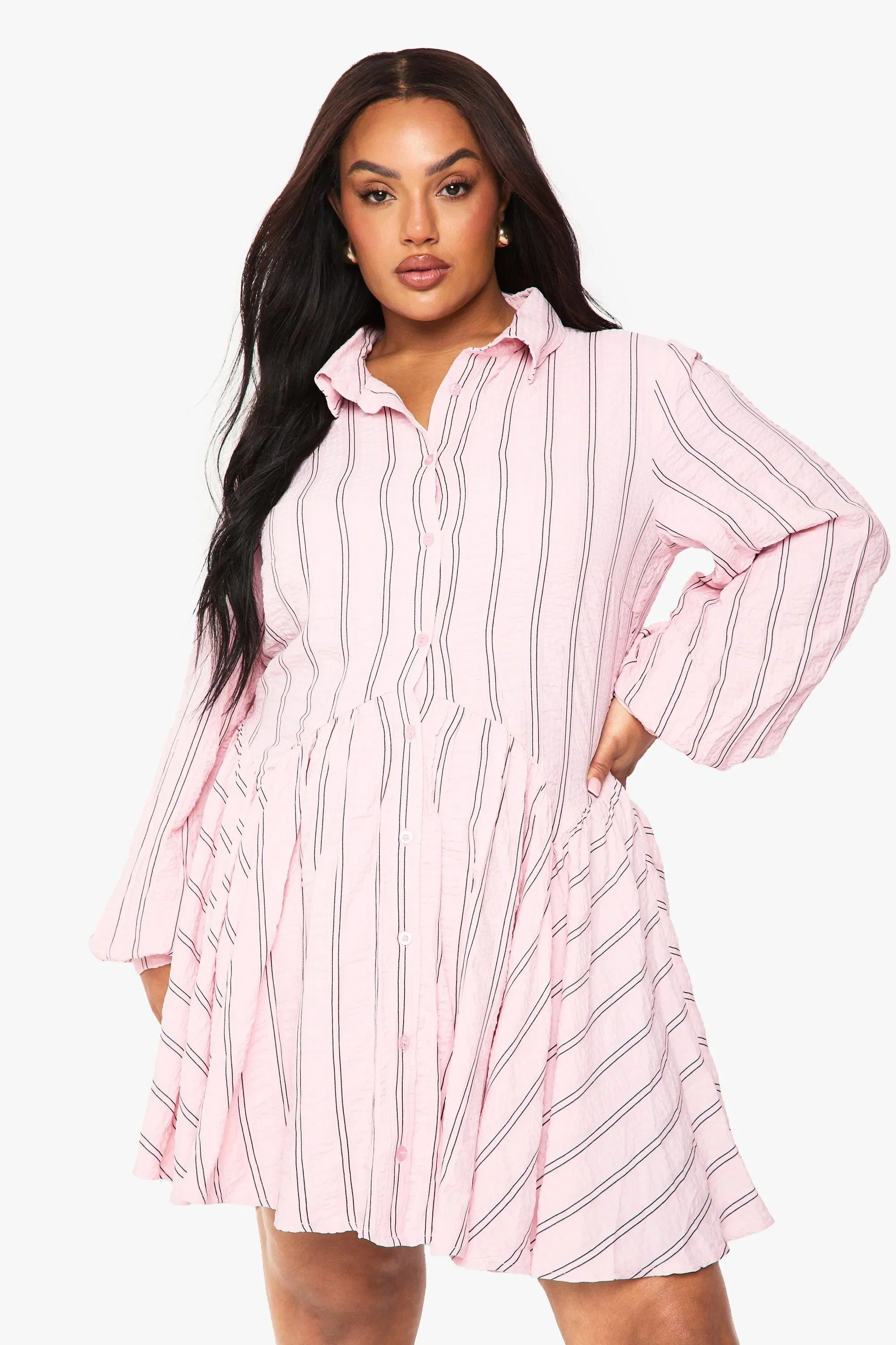 Plus textured stripe drop hem shirt dress
