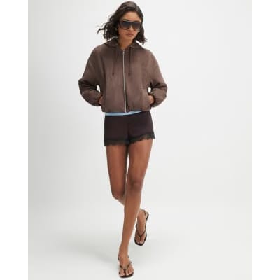Brown Faux Suede Hooded Jacket