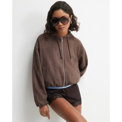 Brown Faux Suede Hooded Jacket