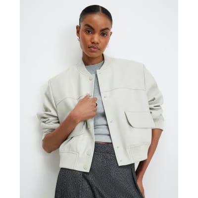 Cream Faux Leather Cropped Bomber Jacket
