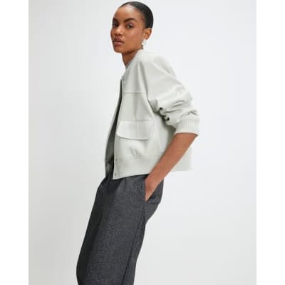 Cream Faux Leather Cropped Bomber Jacket