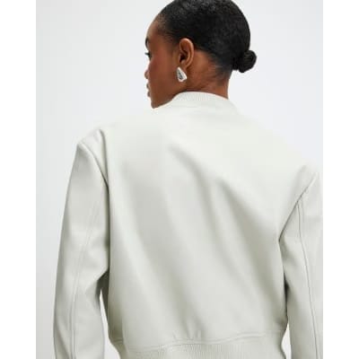 Cream Faux Leather Cropped Bomber Jacket