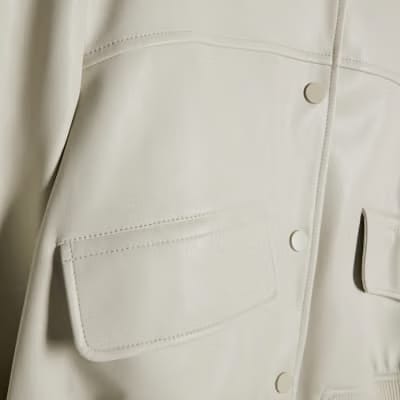 Cream Faux Leather Cropped Bomber Jacket