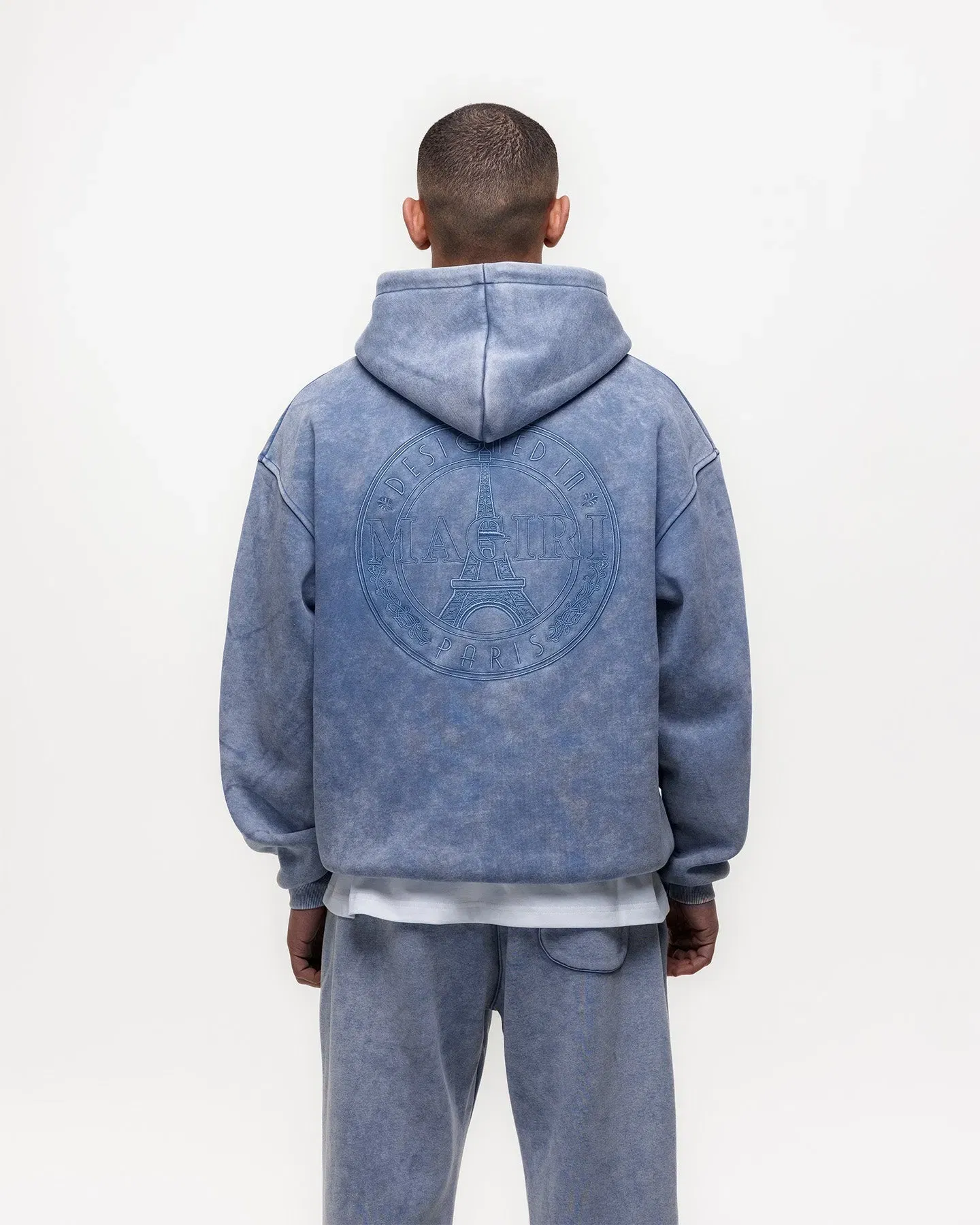 Magiri Embroidered Acid Wash Hoodie in Washed Blue
