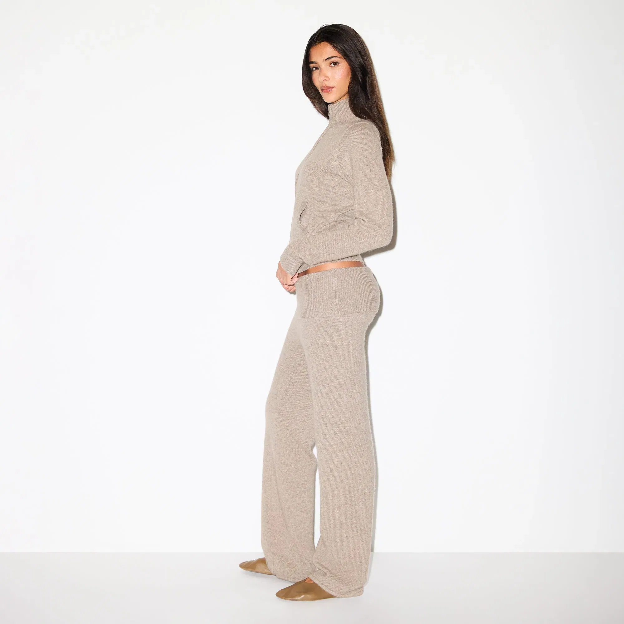 WOOL CASHMERE ZIP UP MOCK NECK SWEATER | LINEN