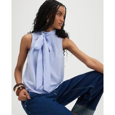 Blue Sleeveless Pussybow Blouse