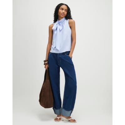 Blue Sleeveless Pussybow Blouse