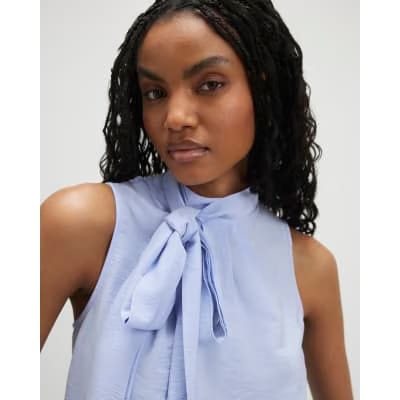 Blue Sleeveless Pussybow Blouse