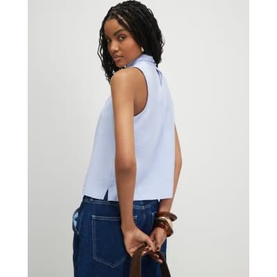 Blue Sleeveless Pussybow Blouse