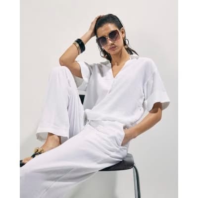 White Linen Blend Short Sleeve Shirt