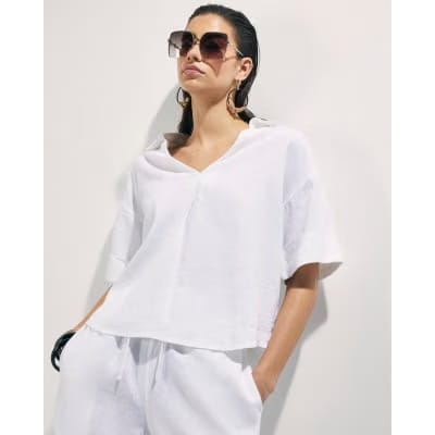 White Linen Blend Short Sleeve Shirt