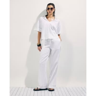 White Linen Blend Short Sleeve Shirt