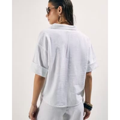 White Linen Blend Short Sleeve Shirt