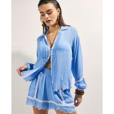 Blue Lace Trim Embroidered Beach Shirt