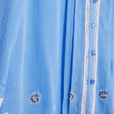 Blue Lace Trim Embroidered Beach Shirt