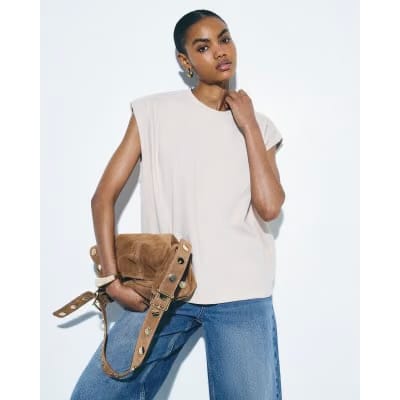 Beige Short Sleeve Pleat Shoulder T-shirt