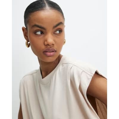 Beige Short Sleeve Pleat Shoulder T-shirt
