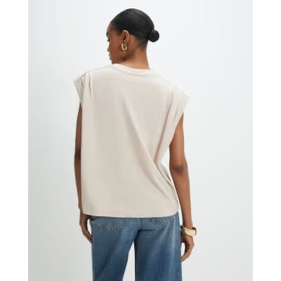 Beige Short Sleeve Pleat Shoulder T-shirt