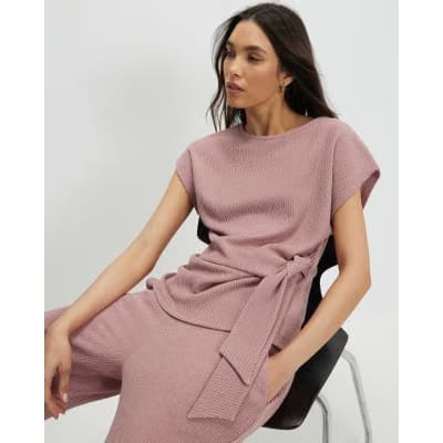 Pink Short Sleeve Textured Knot Front Top