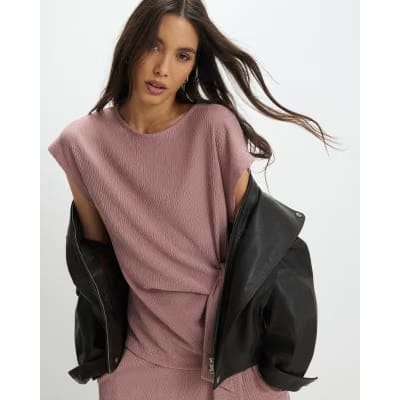 Pink Short Sleeve Textured Knot Front Top