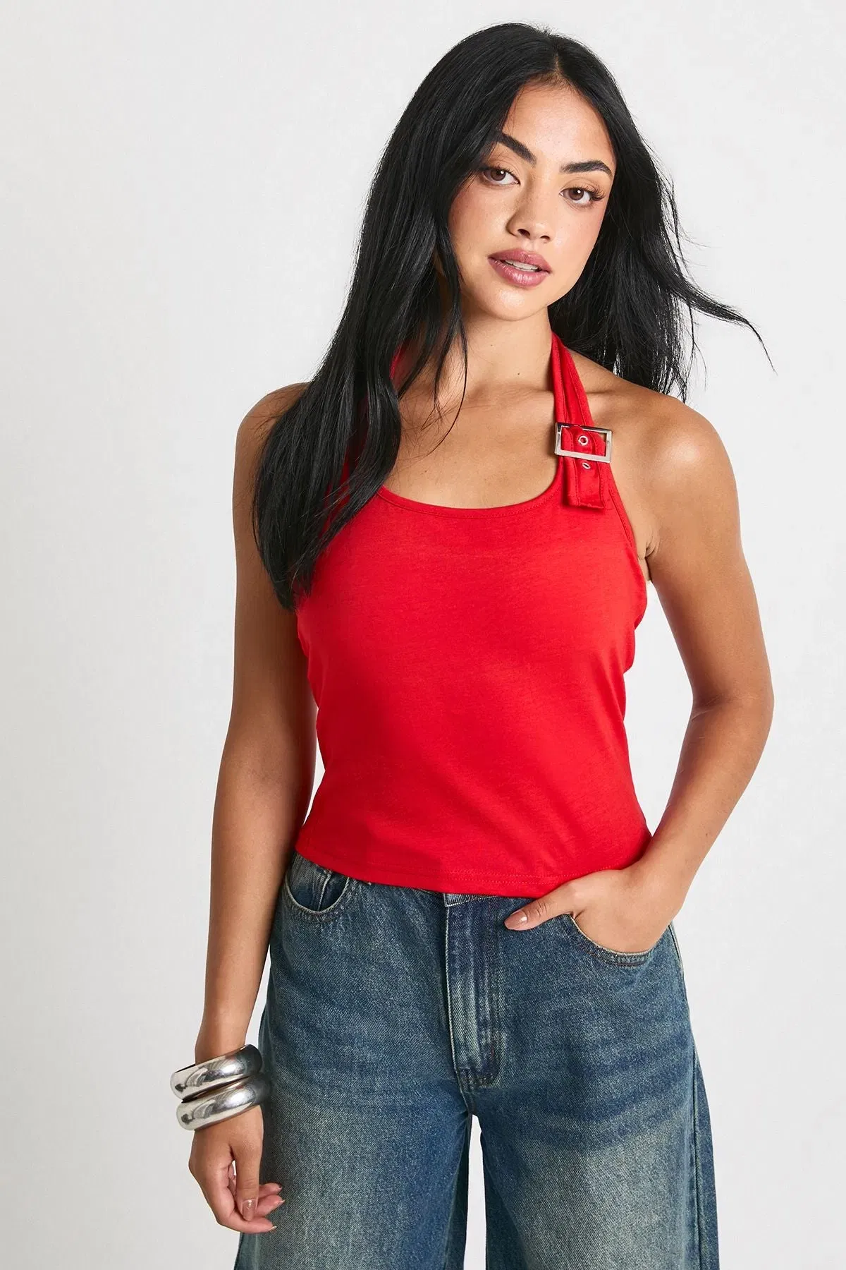Buckle Trim Halterneck Top