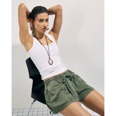 Khaki Tie Waist Denim Shorts