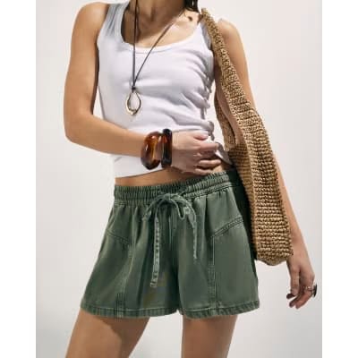 Khaki Tie Waist Denim Shorts