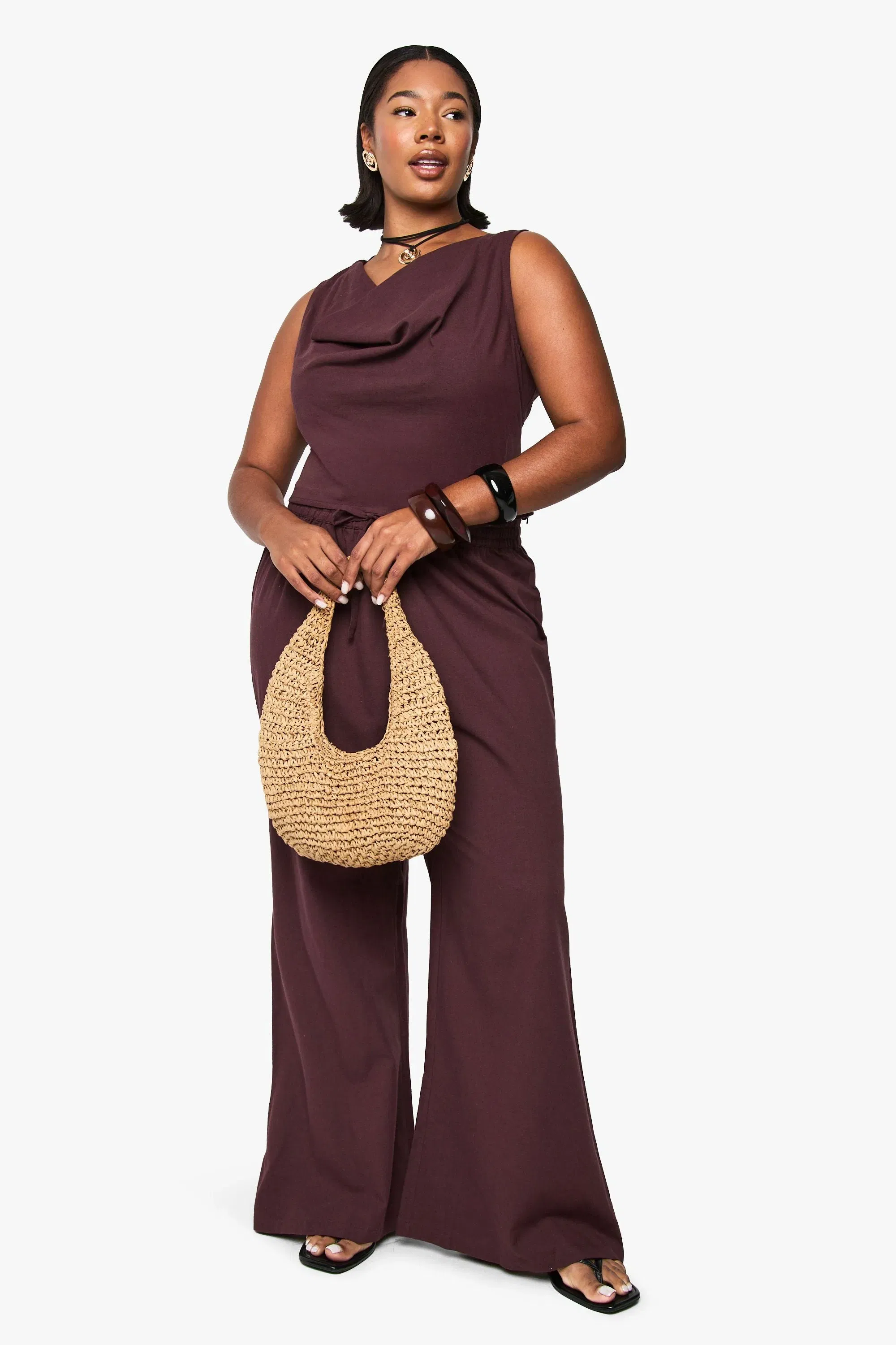 Plus Linen Look Cowl Neck Crop Top