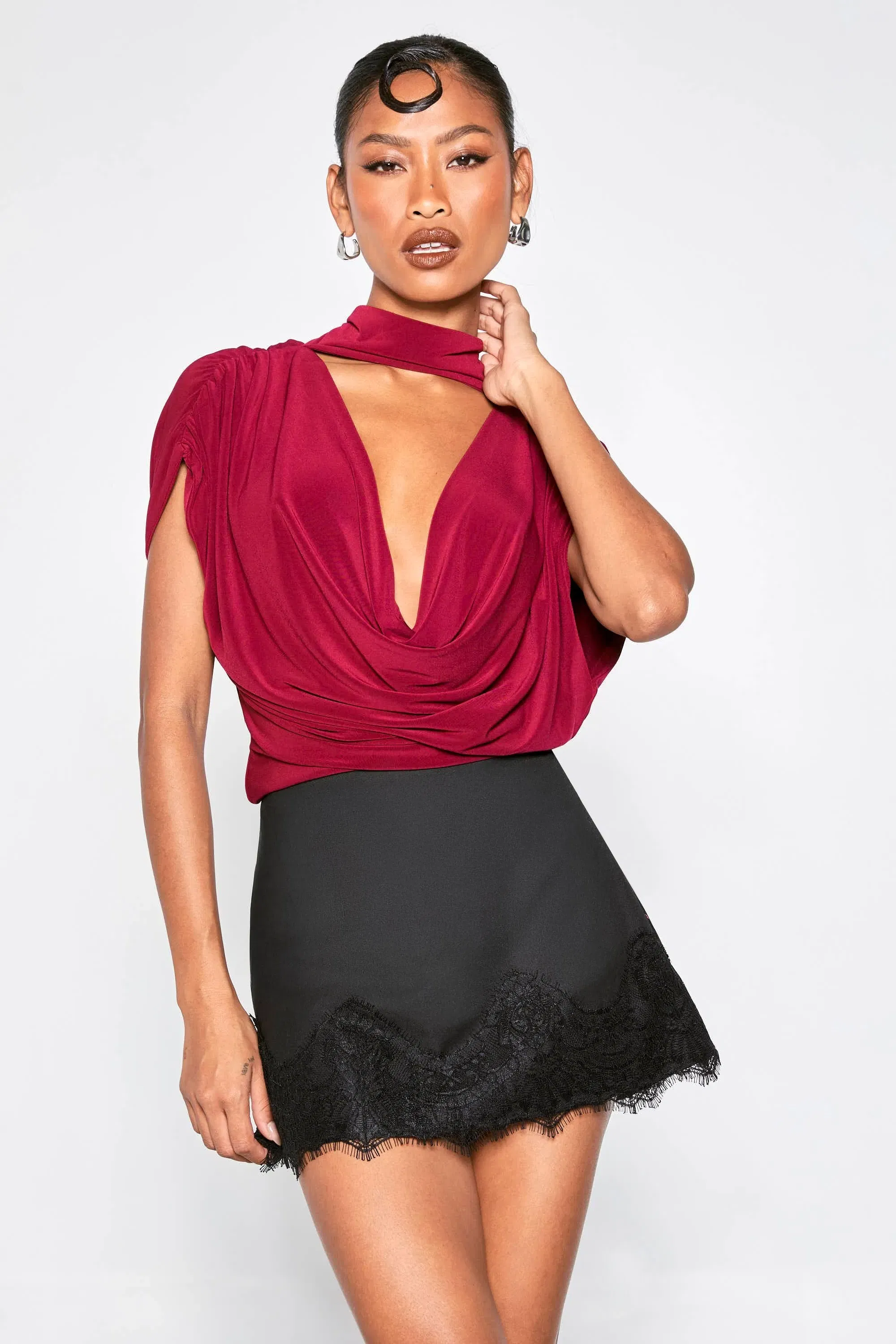 Double Layer Slinky Scarf Detail Ruched Shoulder Bodysuit