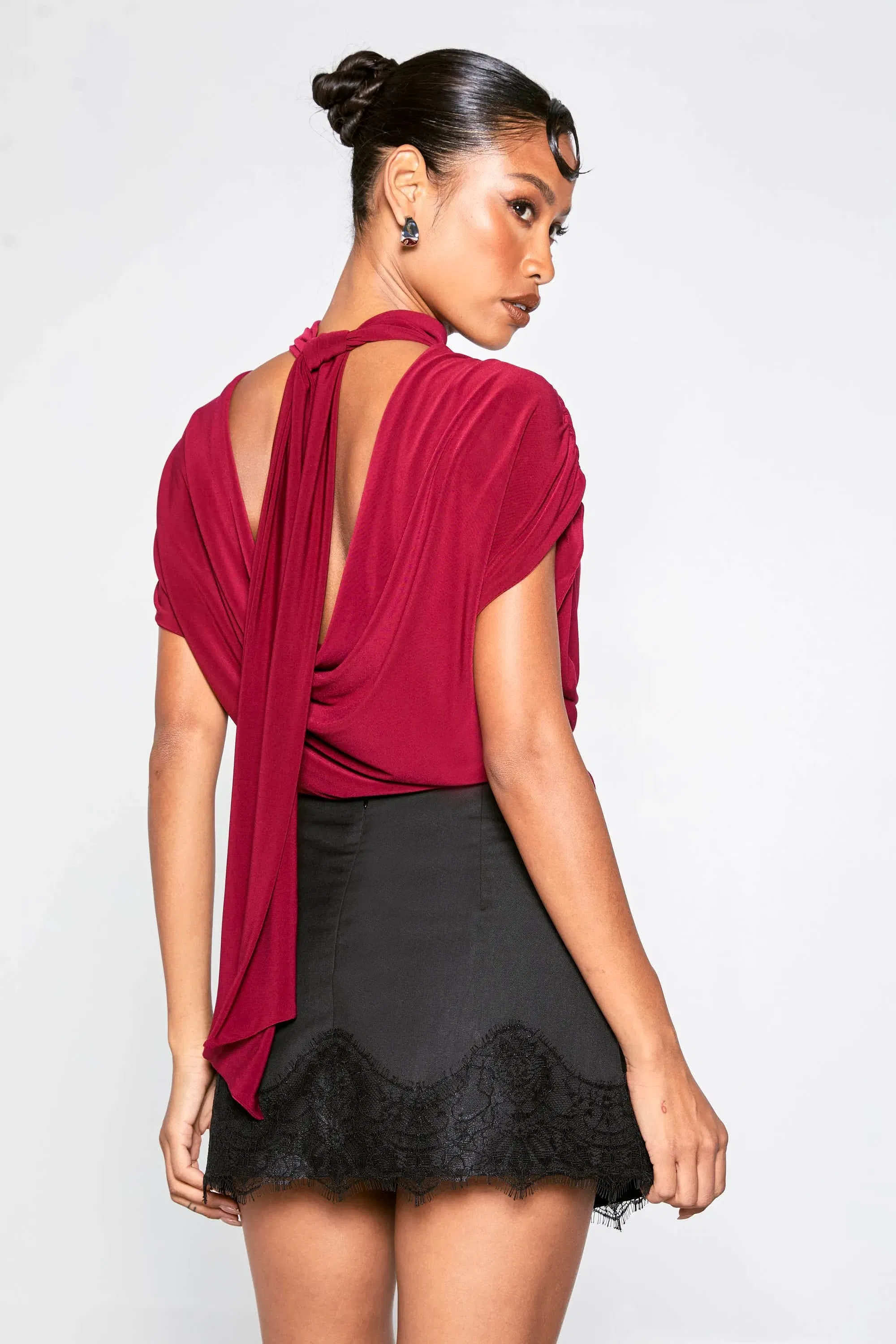 Double Layer Slinky Scarf Detail Ruched Shoulder Bodysuit
