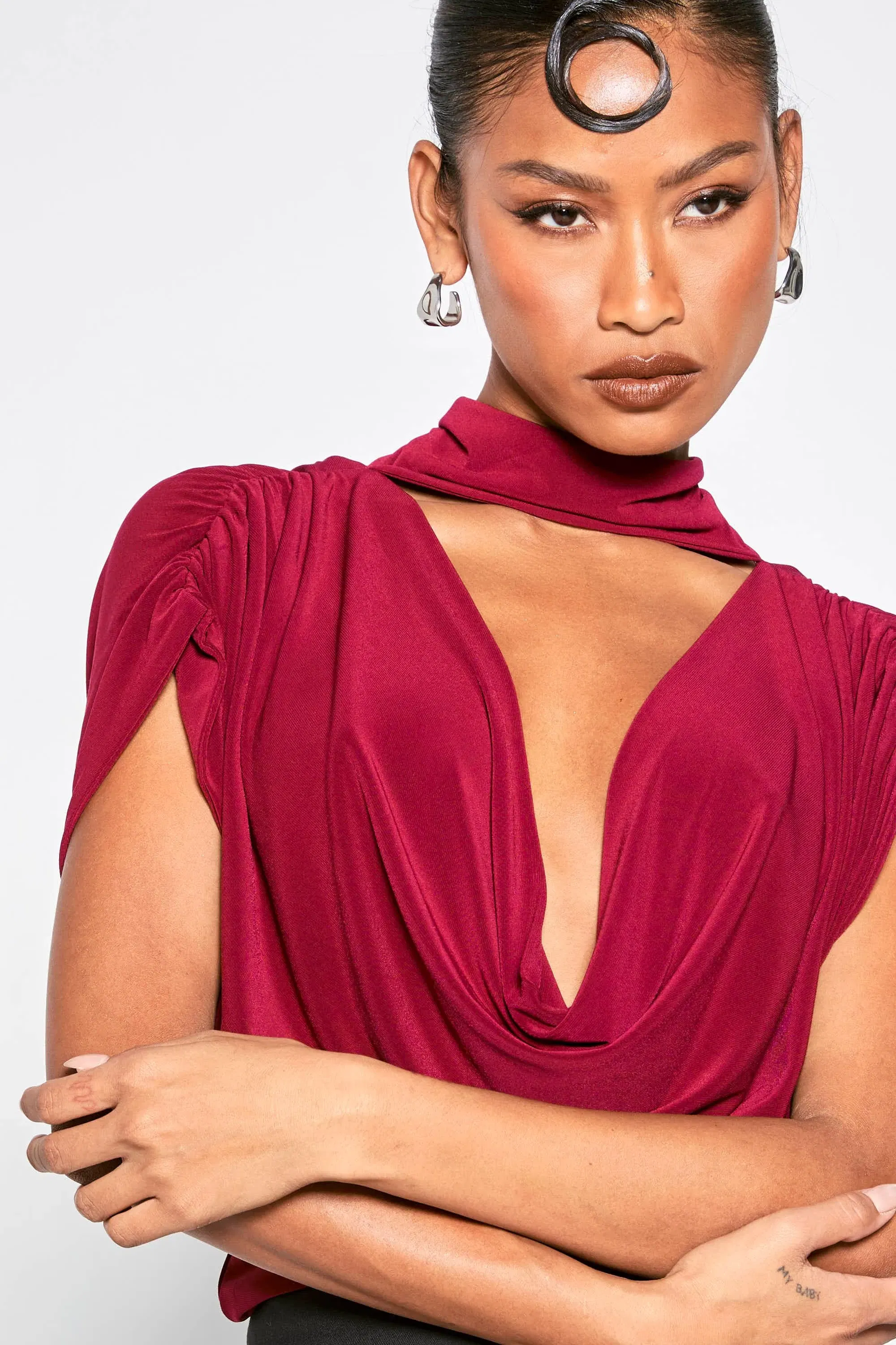 Double Layer Slinky Scarf Detail Ruched Shoulder Bodysuit