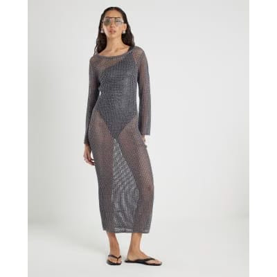 Grey Lurex Long Sleeve Maxi Beach Dress