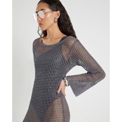 Grey Lurex Long Sleeve Maxi Beach Dress