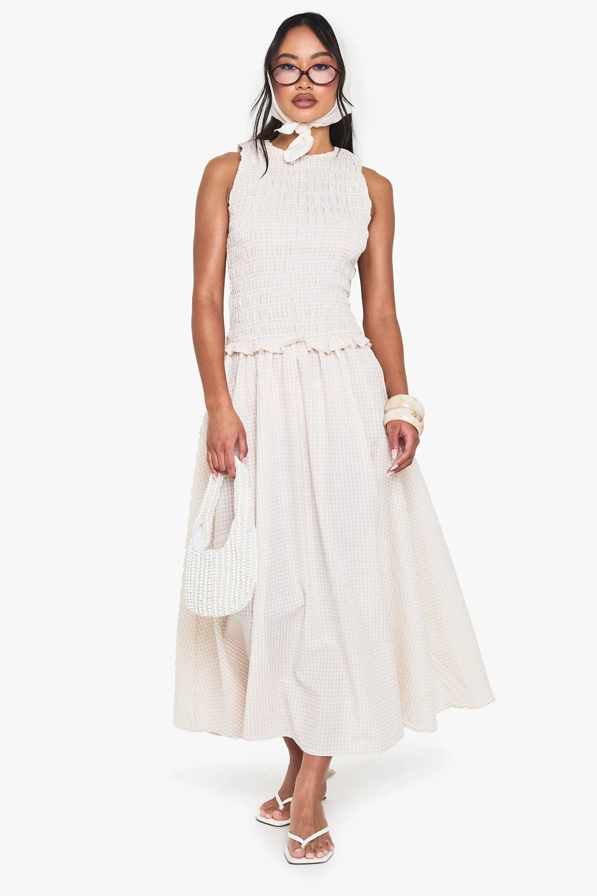Gingham Shirred Detail Drop Waist Midaxi Dress