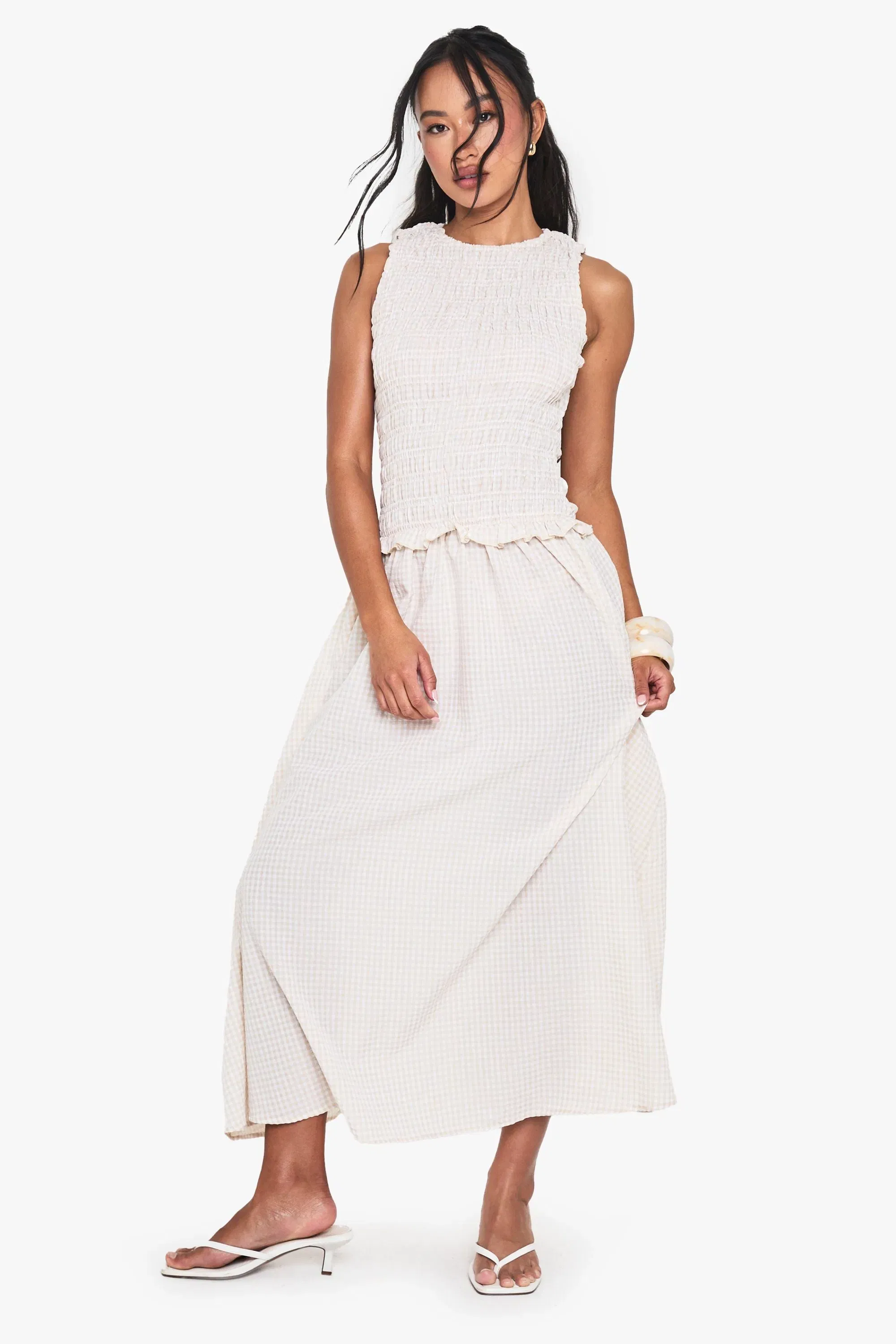 Gingham Shirred Detail Drop Waist Midaxi Dress
