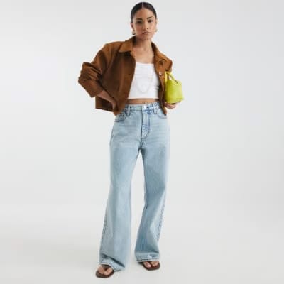Petite Blue High Rise Relaxed Straight Jeans