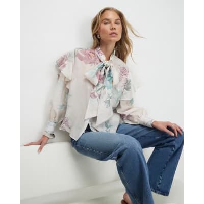 Cream Floral Pussybow Blouse