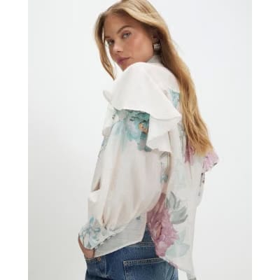 Cream Floral Pussybow Blouse