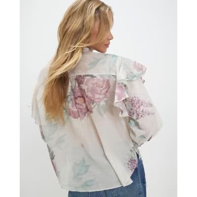 Cream Floral Pussybow Blouse