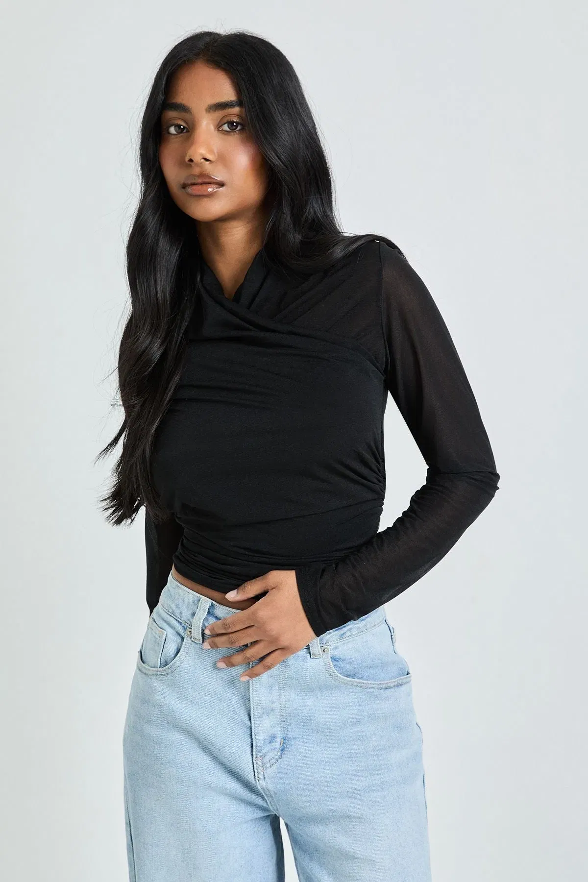Sheer Textured Wrap Neck Long Sleeve Top