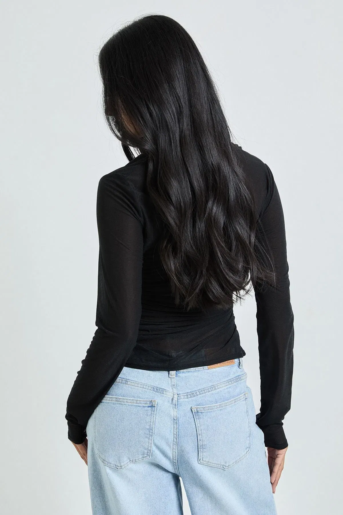 Sheer Textured Wrap Neck Long Sleeve Top