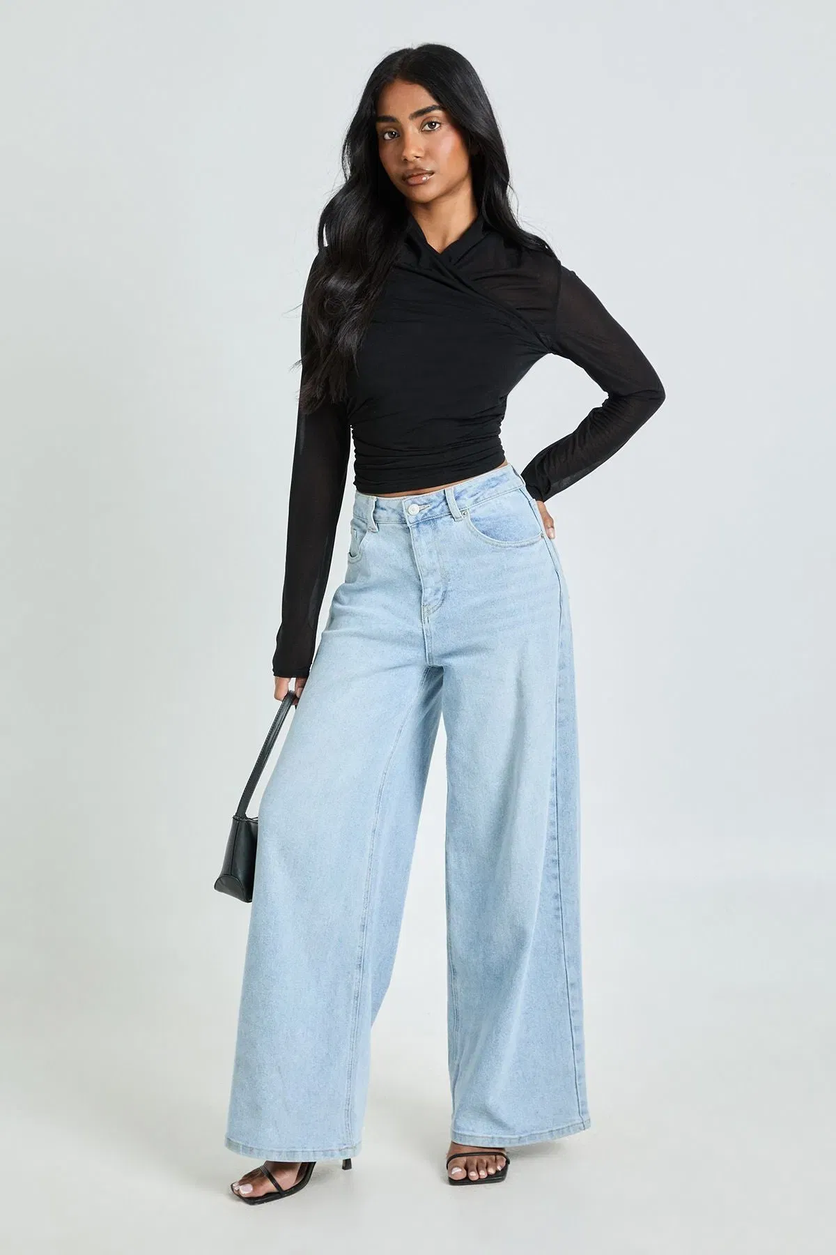 Sheer Textured Wrap Neck Long Sleeve Top