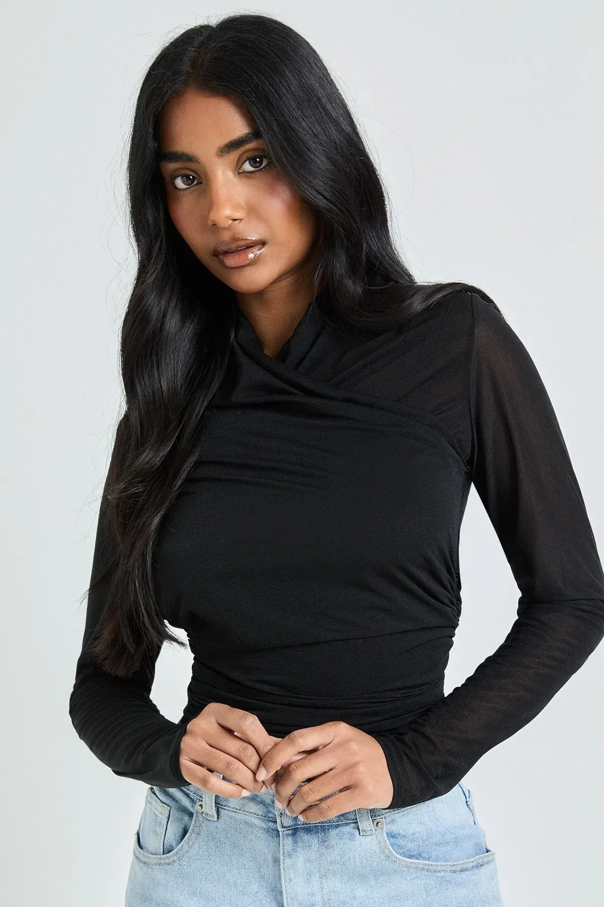 Sheer Textured Wrap Neck Long Sleeve Top