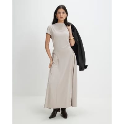 Petite Beige Fitted Waist Maxi Dress
