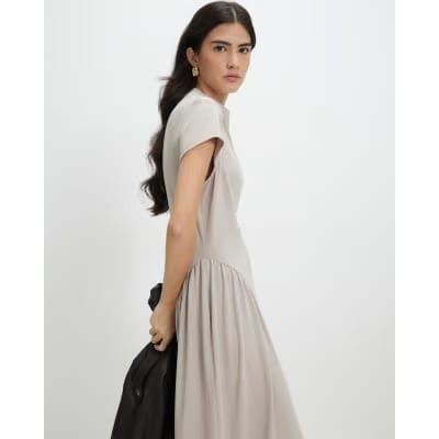 Petite Beige Fitted Waist Maxi Dress