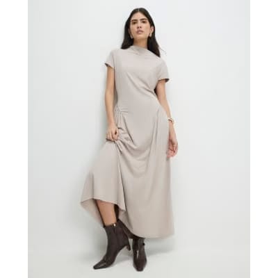 Petite Beige Fitted Waist Maxi Dress