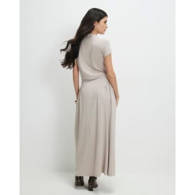 Petite Beige Fitted Waist Maxi Dress
